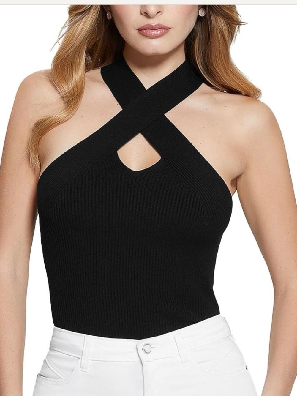 NWT Guess - Claire Halter Sweater Top Black Crisscross Halter Ribbed Tank Top